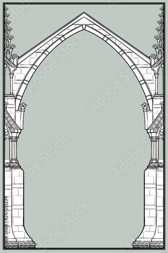 Medieval manuscript style rectangular frame. Gothic style pointed arch formed with flying buttresses. Vertical orientation. EPS10 vector illustration