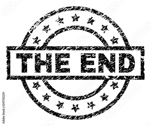 THE END stamp seal watermark with distress style. Designed with rectangle, circles and stars. Black vector rubber print of THE END tag with unclean texture.