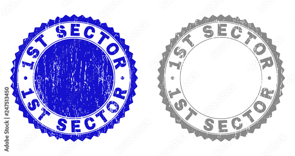 1ST SECTOR stamp seals with grunge texture in blue and gray colors isolated on white background. Vector rubber watermark of 1ST SECTOR label inside round rosette. Stamp seals with grunge styles. 1ST SECTOR stamp seals with grunge texture in blue and gray colors isolated on white background. Vector rubber watermark of 1ST SECTOR label inside round rosette. Stamp seals with grunge styles.