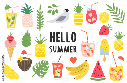 Big set of summer items. Summertime card. Pineapples, banana, watermelon, lemonade. Tropical leaves vector illustration. Isolated.