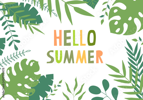 Summer frame with green tropical leaves