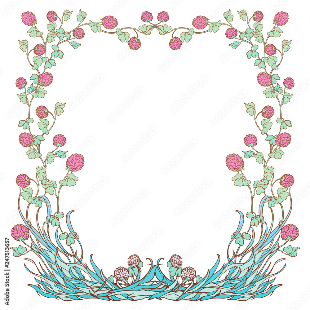 Fototapeta premium Decorative square frame with pink clover in bloom. St. Patrick's day festive design. EPS 10 vector illustration