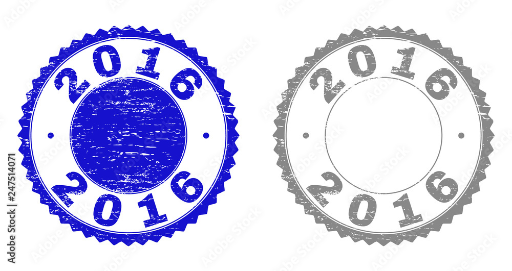 2016 stamp seals with grunge texture in blue and grey colors isolated on white background. Vector rubber imprint of 2016 title inside round rosette. Stamp seals with grunge textures. 2016 stamp seals with grunge texture in blue and grey colors isolated on white background. Vector rubber imprint of 2016 title inside round rosette. Stamp seals with grunge textures.