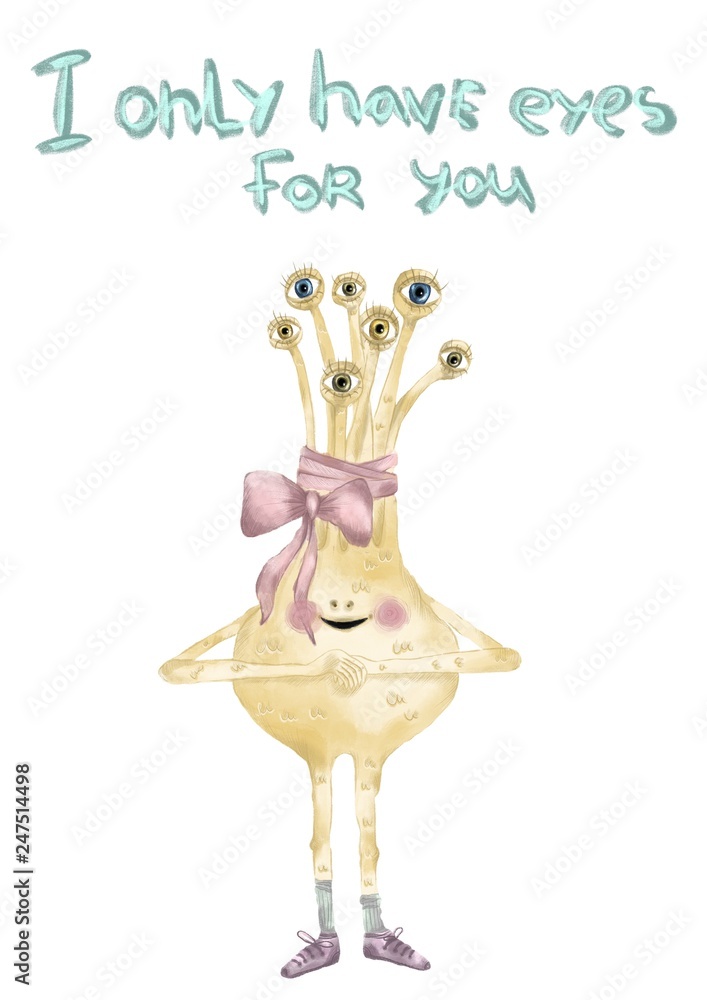 Valentines Day Greeting Card. Cute Round Yellow Eye Monster with a Pink Scarf and Snickers on the White Flat Background with the words above.