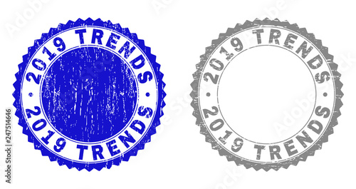 2019 TRENDS stamp seals with grunge texture in blue and gray colors isolated on white background. Vector rubber imprint of 2019 TRENDS tag inside round rosette. Stamp seals with unclean textures.
