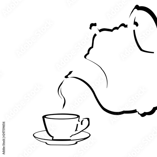 Illustration of stylized teapot pouring tea into tea cup