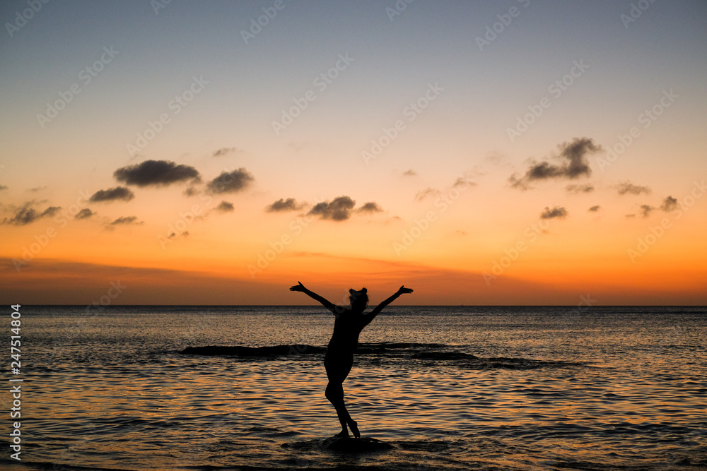 A full body figure girl enjoying her her holiday on sunset at a beach.