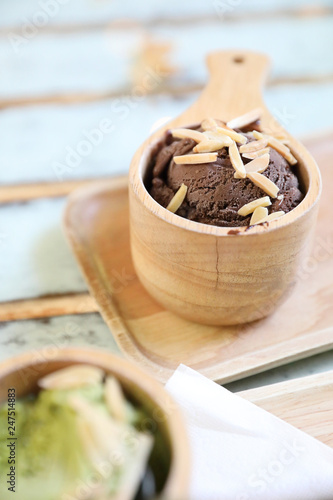 chocolate ice cream on wood background