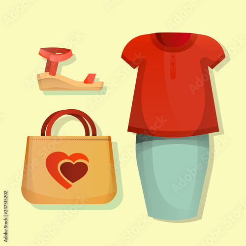 Bright outfit with sandal, bag, shirt and skirt for warm day