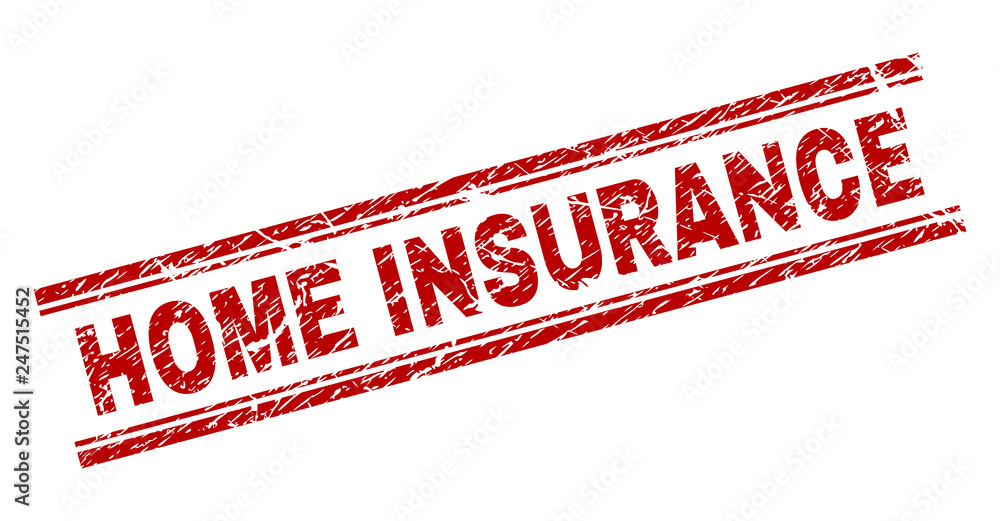 HOME INSURANCE seal print with distress texture. Red vector rubber print of HOME INSURANCE tag with dust texture. Text label is placed between double parallel lines. HOME INSURANCE seal print with distress texture. Red vector rubber print of HOME INSURANCE tag with dust texture. Text label is placed between double parallel lines.