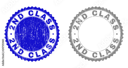 2ND CLASS stamp seals with distress texture in blue and grey colors isolated on white background. Vector rubber watermark of 2ND CLASS text inside round rosette. Stamp seals with unclean styles.