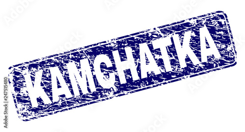 KAMCHATKA stamp seal print with distress style. Seal shape is a rounded rectangle with frame. Blue vector rubber print of KAMCHATKA tag with scratched style.
