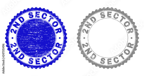 2ND SECTOR stamp seals with distress texture in blue and gray colors isolated on white background. Vector rubber imprint of 2ND SECTOR label inside round rosette. Stamp seals with unclean styles.