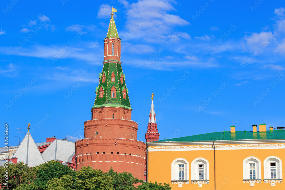 Towers and buildings of Moscow Kremlin against blue sky in sunny day