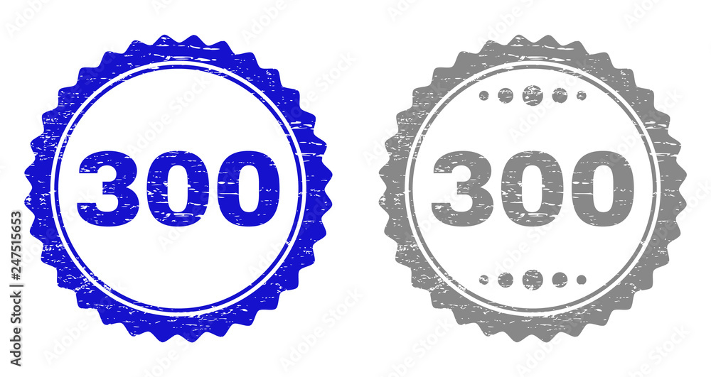 300 stamp seals with grunge texture in blue and grey colors isolated on white background. Vector rubber imprint of 300 tag inside round rosette. Stamp seals with retro styles.