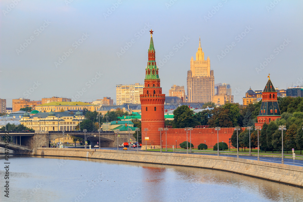 Moscow Kremlin towers against Hotel Ukraina skyscraper in sunny morning