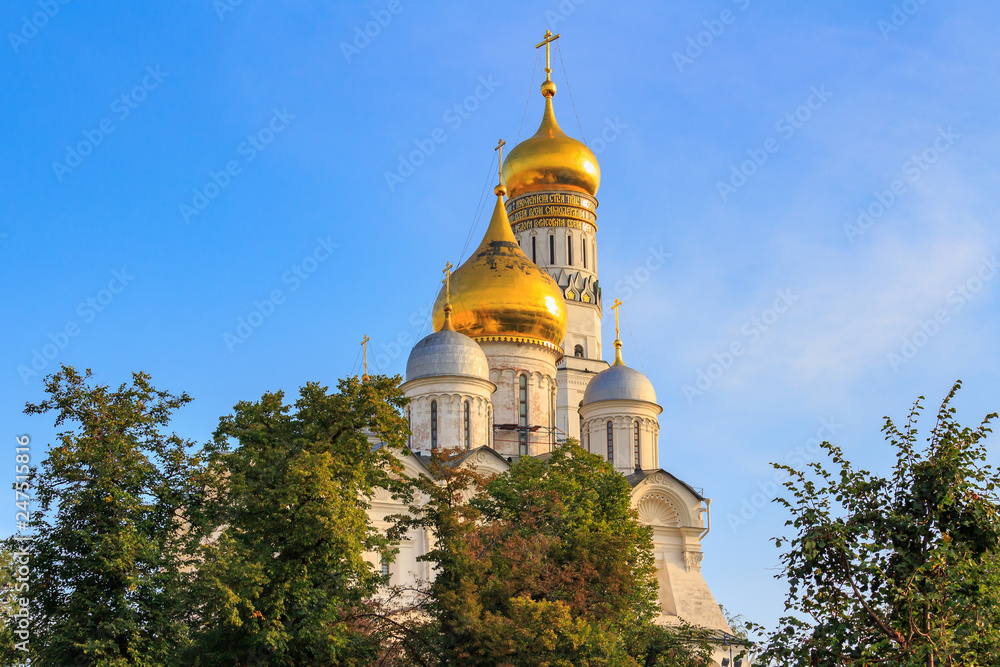 Cathedral of the Archangel and Ivan the Great Bell-Tower on Moscow Kremlin territory on a blue sky and green trees background in sunny morning