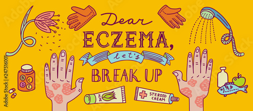 Eczema illustration with lettering, hands and advice. Social media cover.