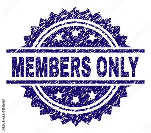 MEMBERS ONLY stamp seal watermark with distress style. Blue vector rubber print of MEMBERS ONLY text with corroded texture.