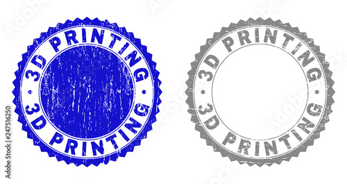 3D PRINTING stamp seals with grunge texture in blue and gray colors isolated on white background. Vector rubber overlay of 3D PRINTING caption inside round rosette. Stamp seals with retro styles.