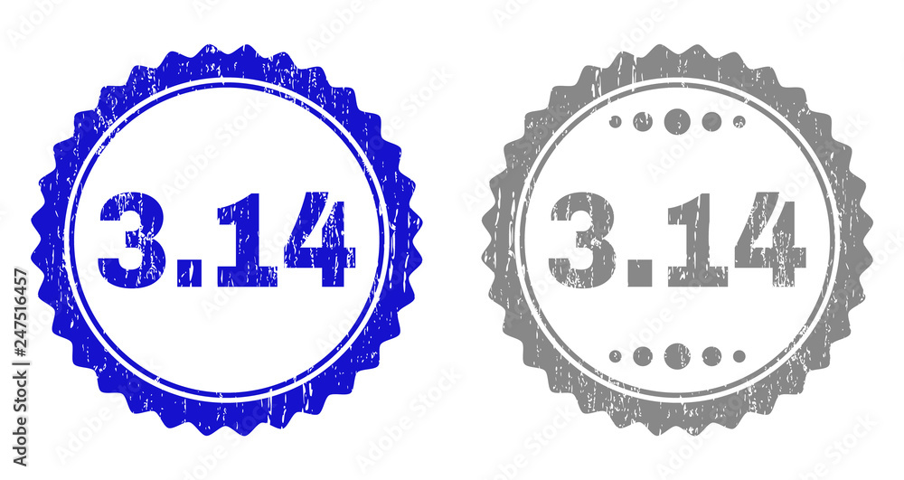 3.14 stamp seals with distress texture in blue and gray colors isolated on white background. Vector rubber imitation of 3.14 text inside round rosette. Stamp seals with scratched textures.