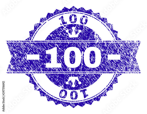 100 rosette stamp seal imprint with distress texture. Designed with round rosette, ribbon and small crowns. Blue vector rubber print of 100 caption with dirty texture.