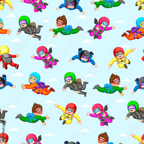 Seamless pattern with professional skydivers in action