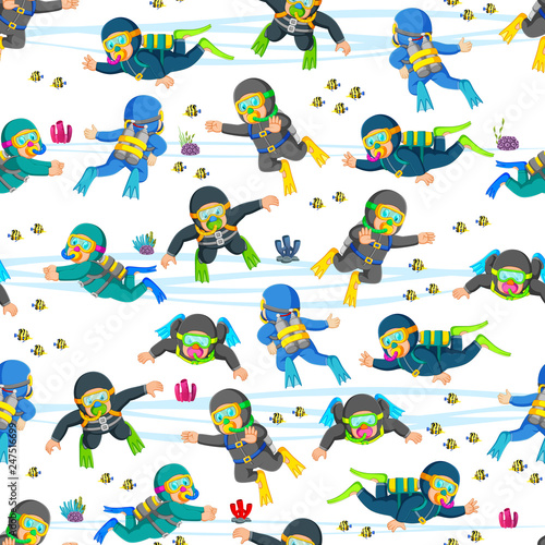 Seamless pattern with professional diving in action