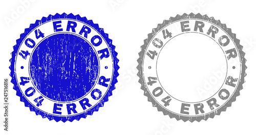 404 ERROR stamp seals with grunge texture in blue and gray colors isolated on white background. Vector rubber overlay of 404 ERROR label inside round rosette. Stamp seals with unclean textures.