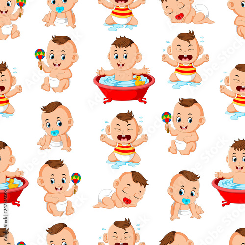 Seamless pattern with happy babies doing the activities