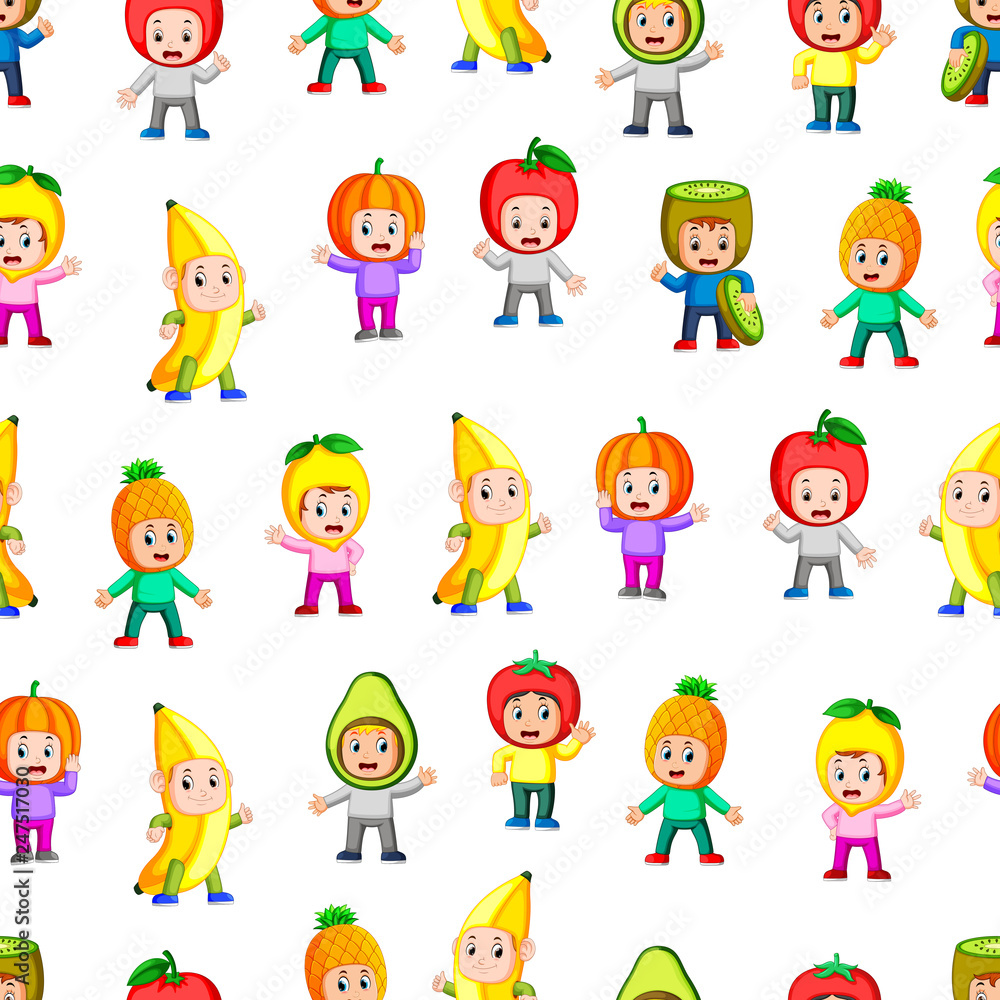 Seamless pattern with children using the healthy fruit costume Seamless pattern with children using the healthy fruit costume