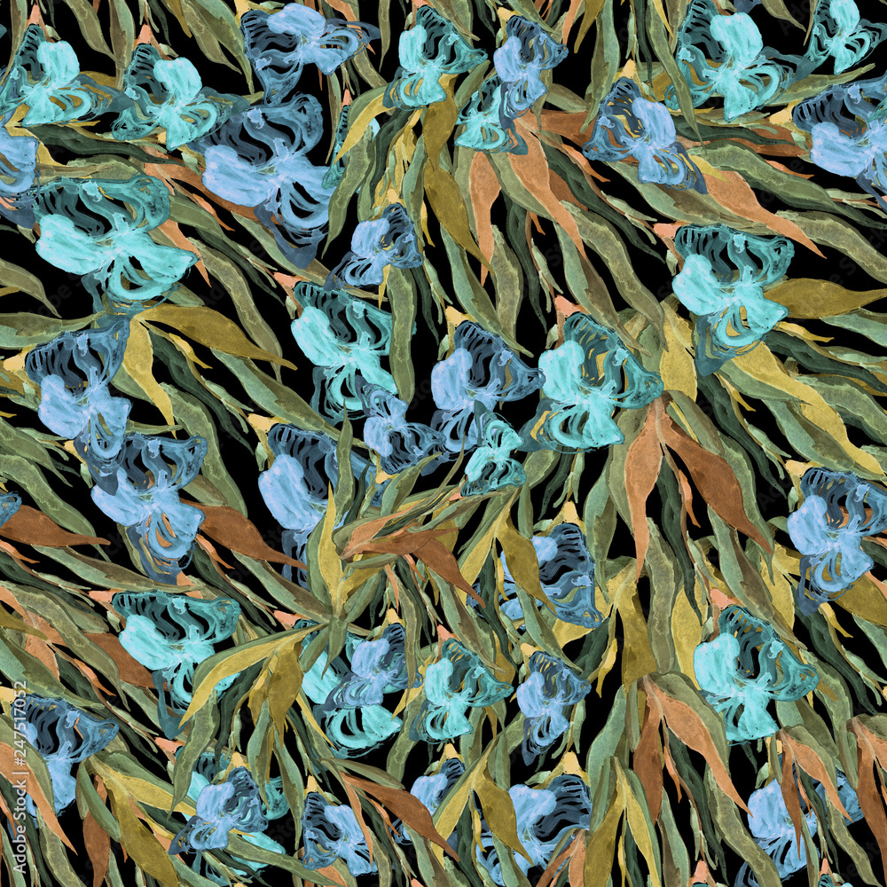 Irises seamless pattern. Hand drawn watercolor botanical illustration. Wallpaper, fabric, giftcraft design. Irises seamless pattern. Hand drawn watercolor botanical illustration. Wallpaper, fabric, giftcraft design.
