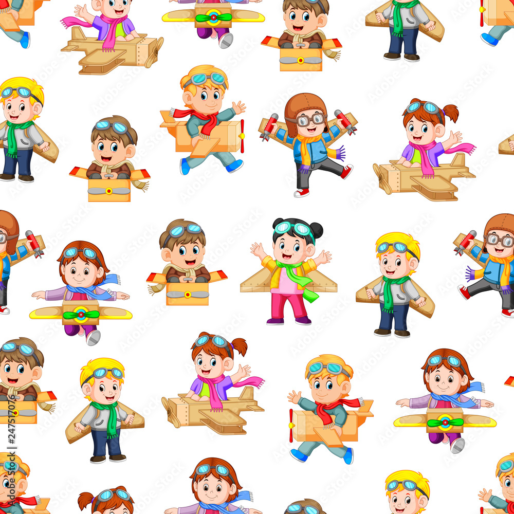 Seamless pattern with kids playing with the cardboard box plane Seamless pattern with kids playing with the cardboard box plane
