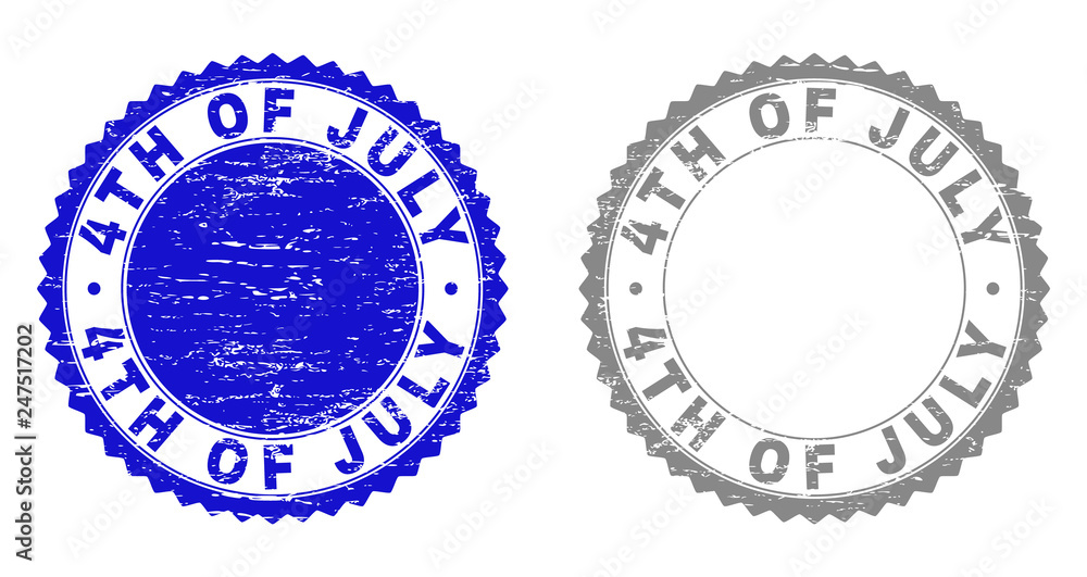 4TH OF JULY stamp seals with grunge texture in blue and gray colors isolated on white background. Vector rubber imitation of 4TH OF JULY caption inside round rosette. 4TH OF JULY stamp seals with grunge texture in blue and gray colors isolated on white background. Vector rubber imitation of 4TH OF JULY caption inside round rosette.