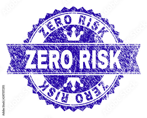 ZERO RISK rosette stamp seal watermark with grunge style. Designed with round rosette, ribbon and small crowns. Blue vector rubber watermark of ZERO RISK title with retro style.