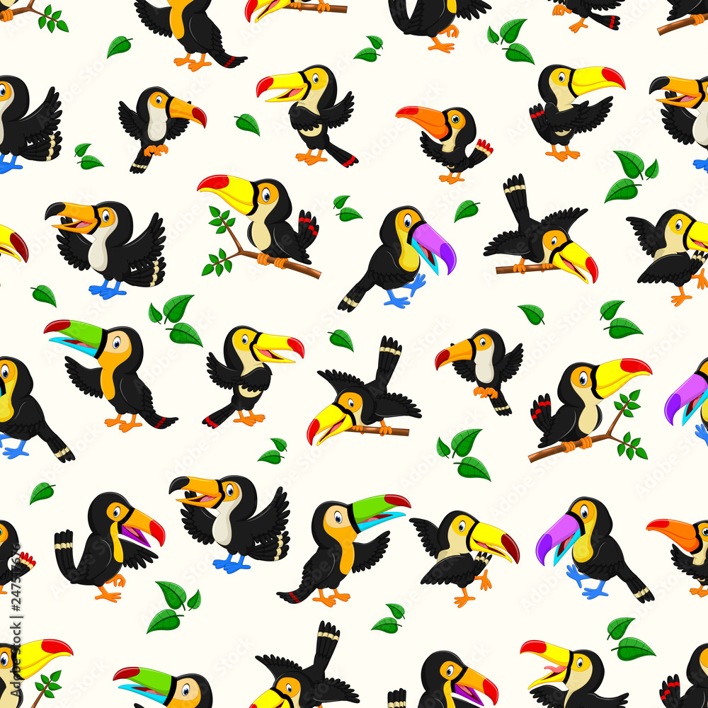 Seamless pattern with black toucan with the different posing