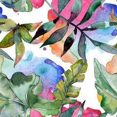 Green leaf. Exotic tropical hawaiian summer. Watercolor background illustration set. Seamless background pattern.