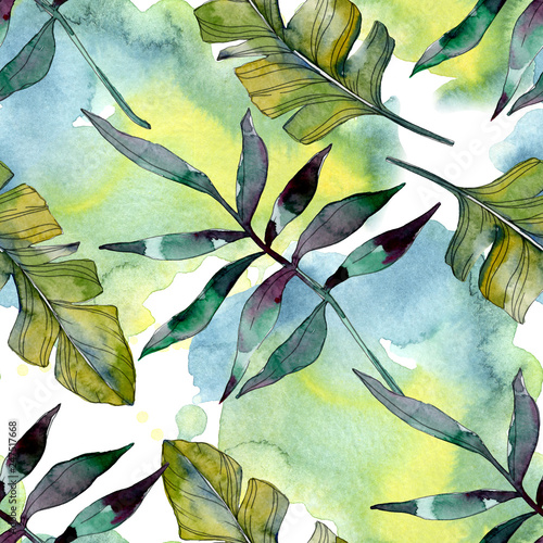 Green leaf. Exotic tropical hawaiian summer. Watercolor background illustration set. Seamless background pattern.