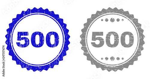 500 stamp seals with grunge texture in blue and grey colors isolated on white background. Vector rubber imprint of 500 text inside round rosette. Stamp seals with unclean styles.