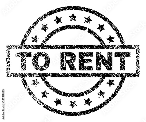 TO RENT stamp seal watermark with distress style. Designed with rectangle, circles and stars. Black vector rubber print of TO RENT text with dust texture.