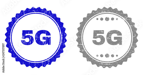 5G stamp seals with grunge texture in blue and gray colors isolated on white background. Vector rubber imitation of 5G tag inside round rosette. Stamp seals with retro styles.