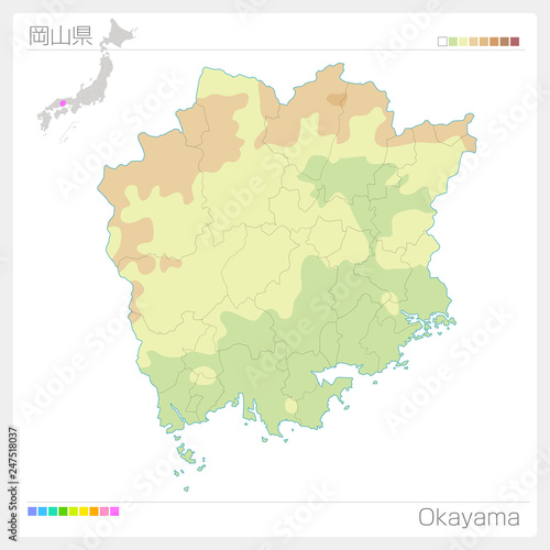 岡山県の地図（等高線・色分け）