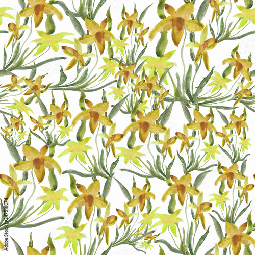 Daffodils watercolor seamless pattern  hand painted paints. Print for fabric  textile  decor. Vintage wallpaper with flowers.