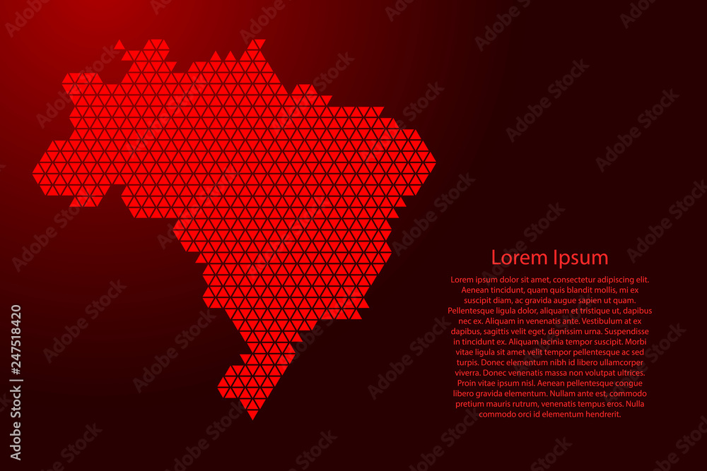 Brazil map abstract schematic from red triangles repeating pattern geometric background with nodes for banner, poster, greeting card. Vector illustration.