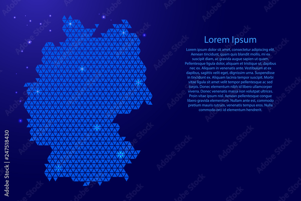 Germany map abstract schematic from blue triangles repeating pattern geometric background with nodes and space stars for banner, poster, greeting card. Vector illustration.