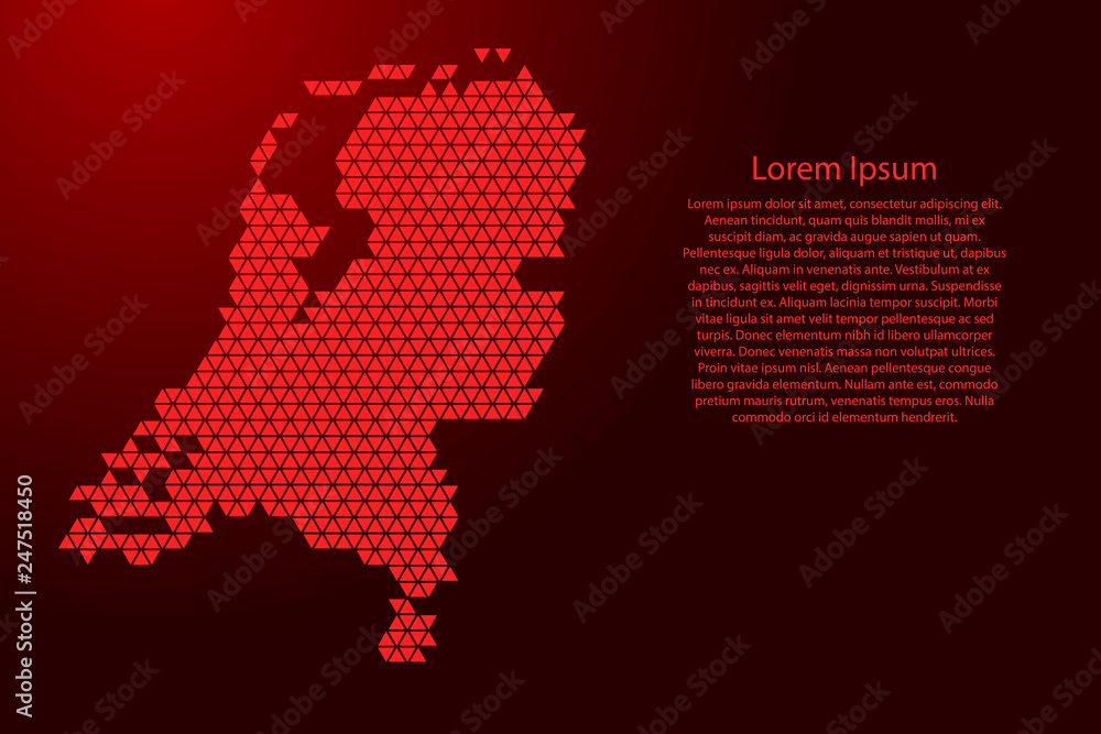 Netherlands map abstract schematic from red triangles repeating pattern geometric background with nodes for banner, poster, greeting card. Vector illustration. Netherlands map abstract schematic from red triangles repeating pattern geometric background with nodes for banner, poster, greeting card. Vector illustration.