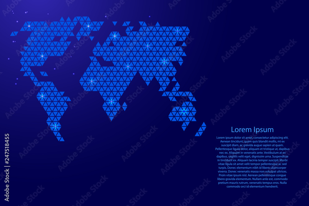 World map abstract schematic from blue triangles repeating pattern geometric background with nodes and space stars for banner, poster, greeting card. Vector illustration.