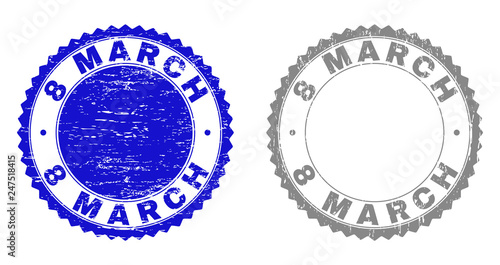 8 MARCH stamp seals with grunge texture in blue and gray colors isolated on white background. Vector rubber imprint of 8 MARCH label inside round rosette. Stamp seals with unclean textures.
