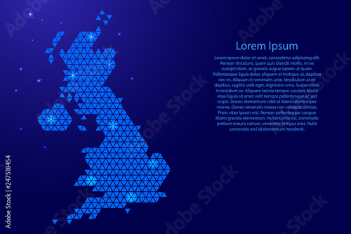 United Kingdom map abstract schematic from blue triangles repeating pattern geometric background with nodes and space stars for banner, poster, greeting card. Vector illustration.