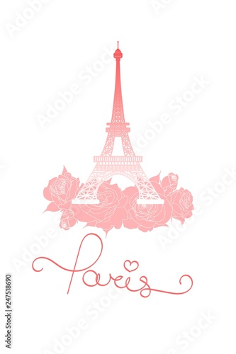 Vector illustration of Eiffel Tower and roses. T-shirt print design